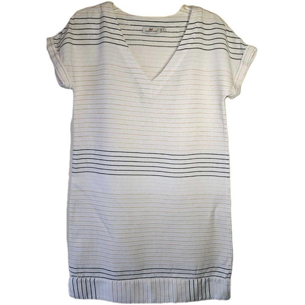VINEYARD VINES Beachy Linen Lurex Stripe V Neck Tunic Dress Size 0 Lined .